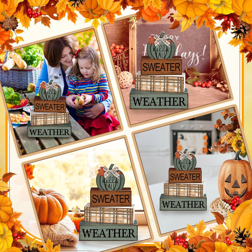 Collage of four fall-themed decor vignettes featuring stacked wooden blocks with text and pumpkins.