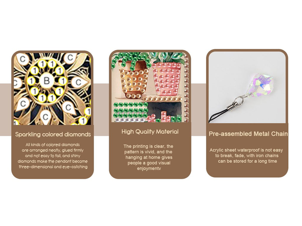 Diamond painting bookmark components showing sparkling diamonds, high quality material, and pre-assembled metal chain with tassel.