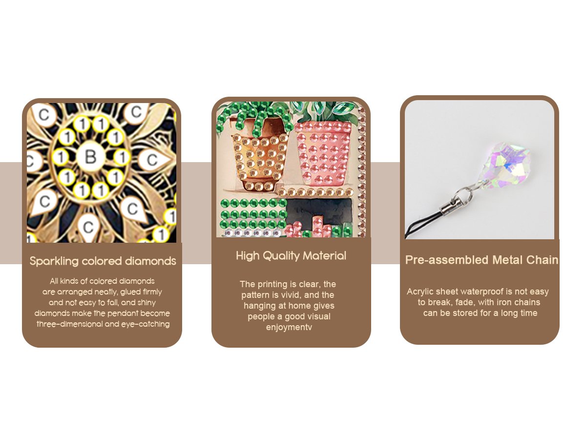Diamond painting bookmark components showing sparkling diamonds, high quality material, and pre-assembled metal chain with tassel.