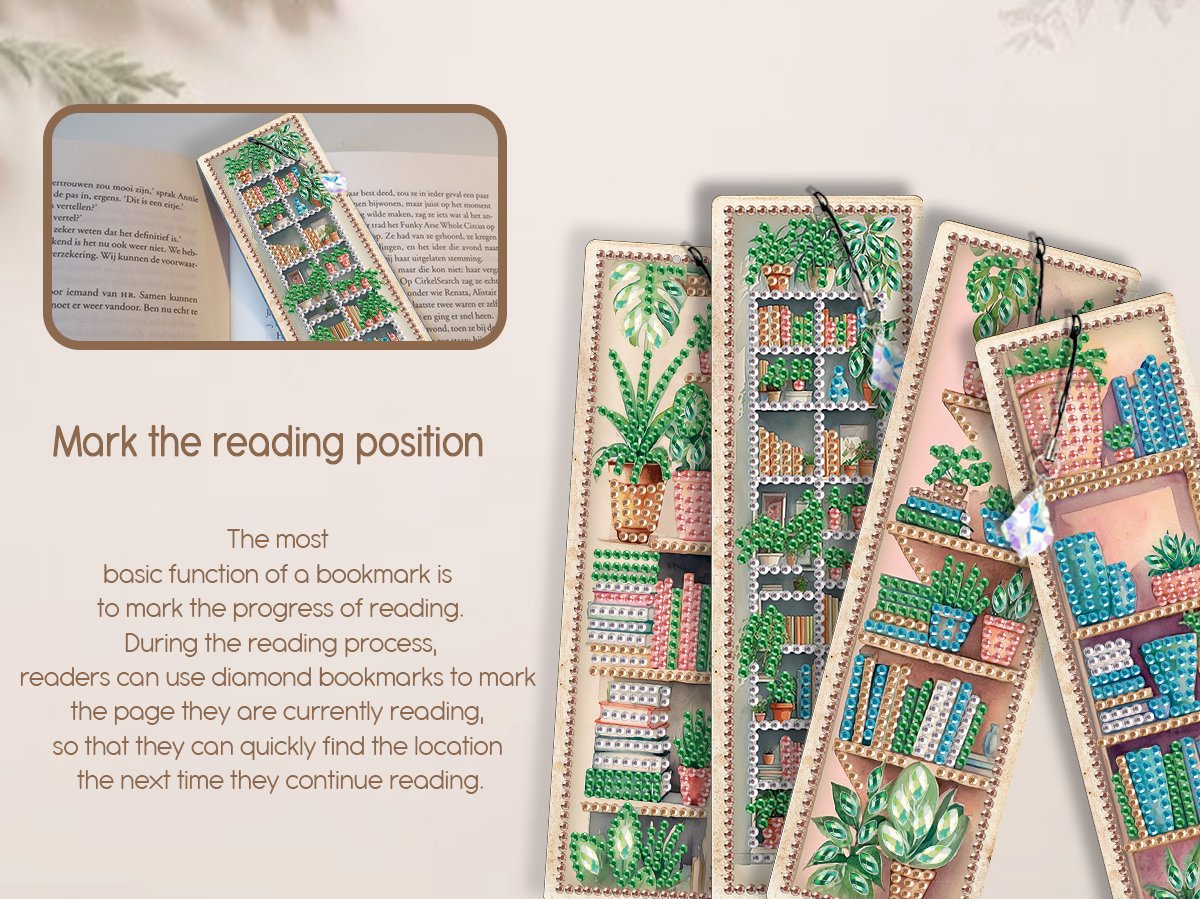 Four diamond painting bookmarks with plant and bookshelf designs, one partially open book visible.