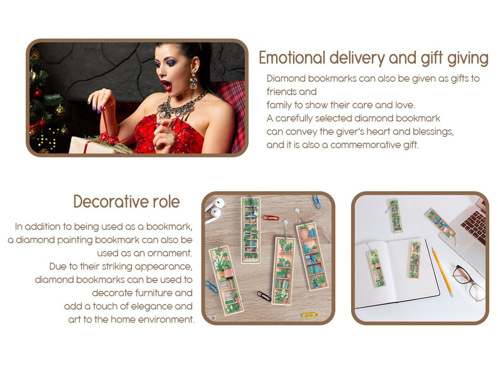 Diamond painting bookmarks with plant bookshelf designs displayed in lifestyle settings and as a kit.