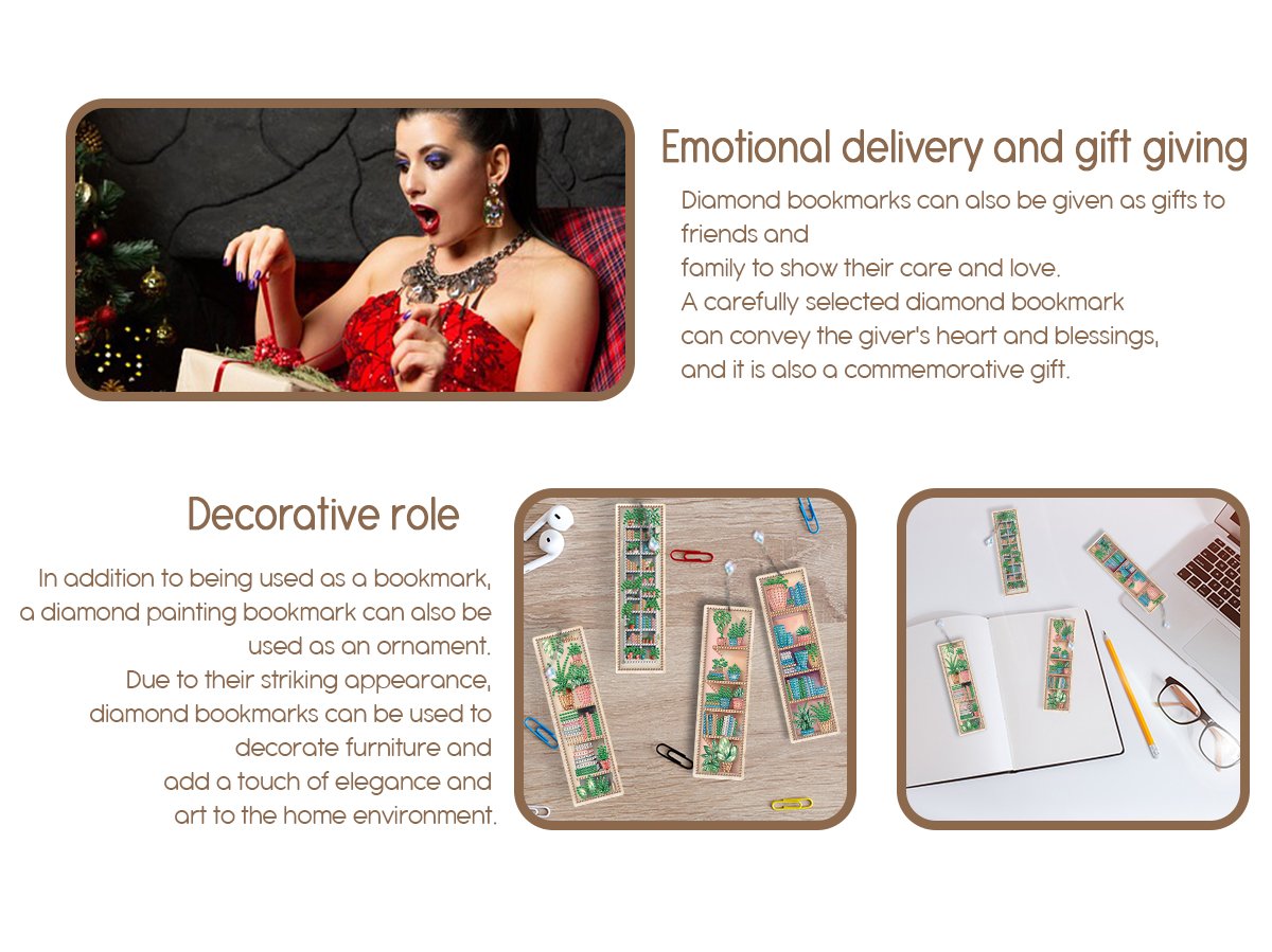 Diamond painting bookmarks with plant bookshelf designs displayed in lifestyle settings and as a kit.