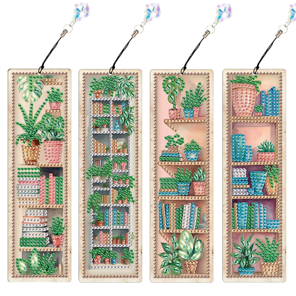 Four diamond painting bookmarks featuring potted plants and bookshelves, each with a hanging tassel.