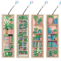 Four diamond painting bookmarks featuring potted plants and bookshelves, each with a hanging tassel.