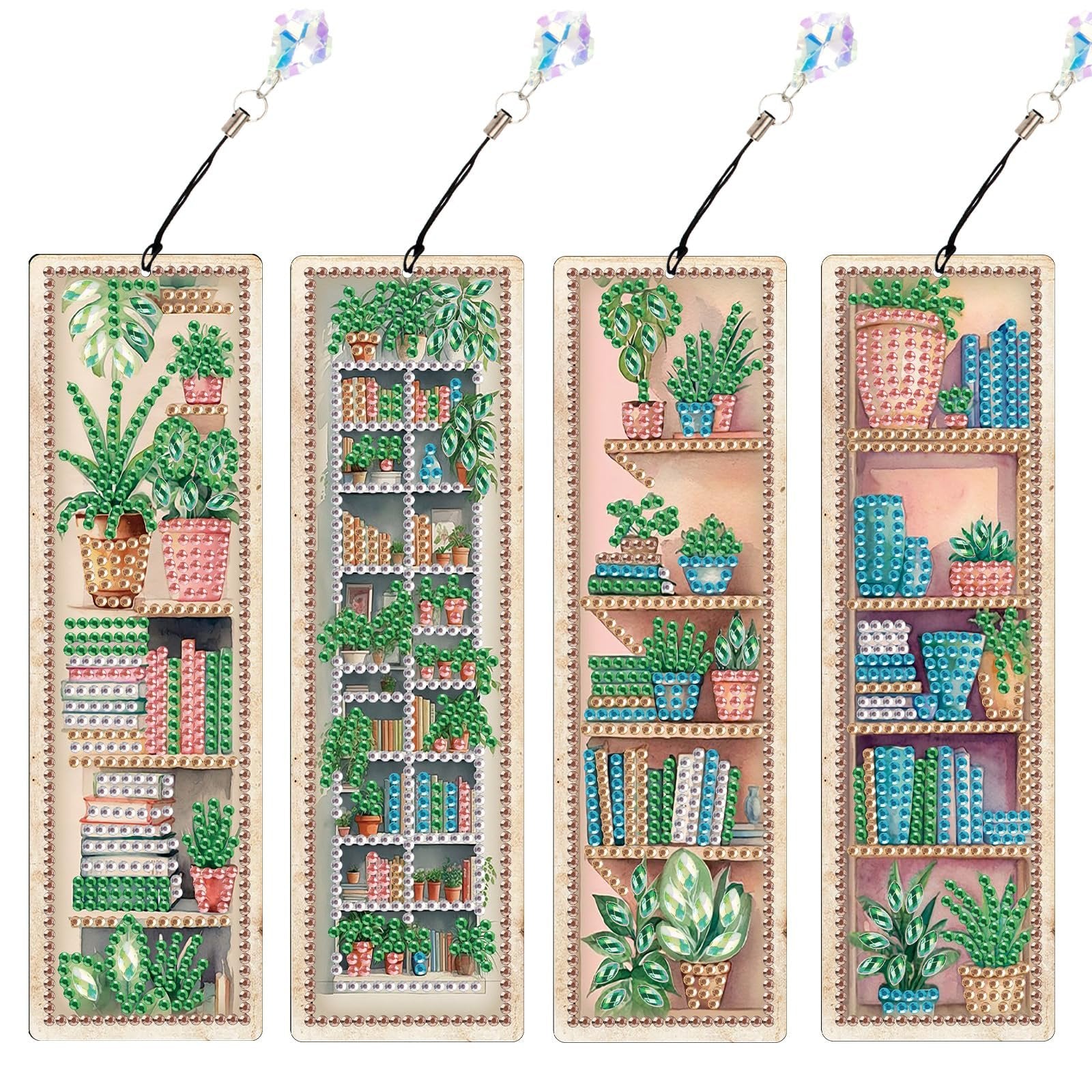 Four diamond painting bookmarks featuring potted plants and bookshelves, each with a hanging tassel.