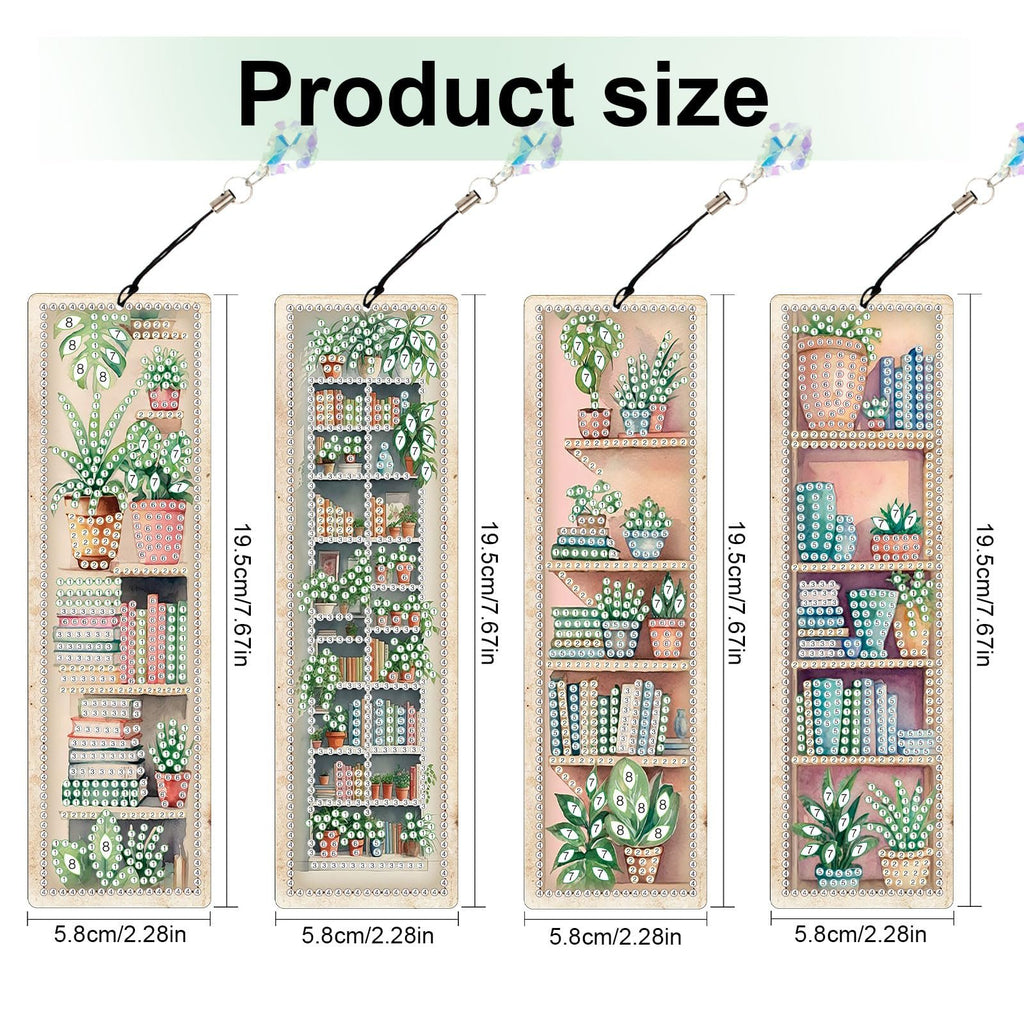 Four diamond painting bookmark kits featuring potted plants and bookshelves, with size dimensions indicated.