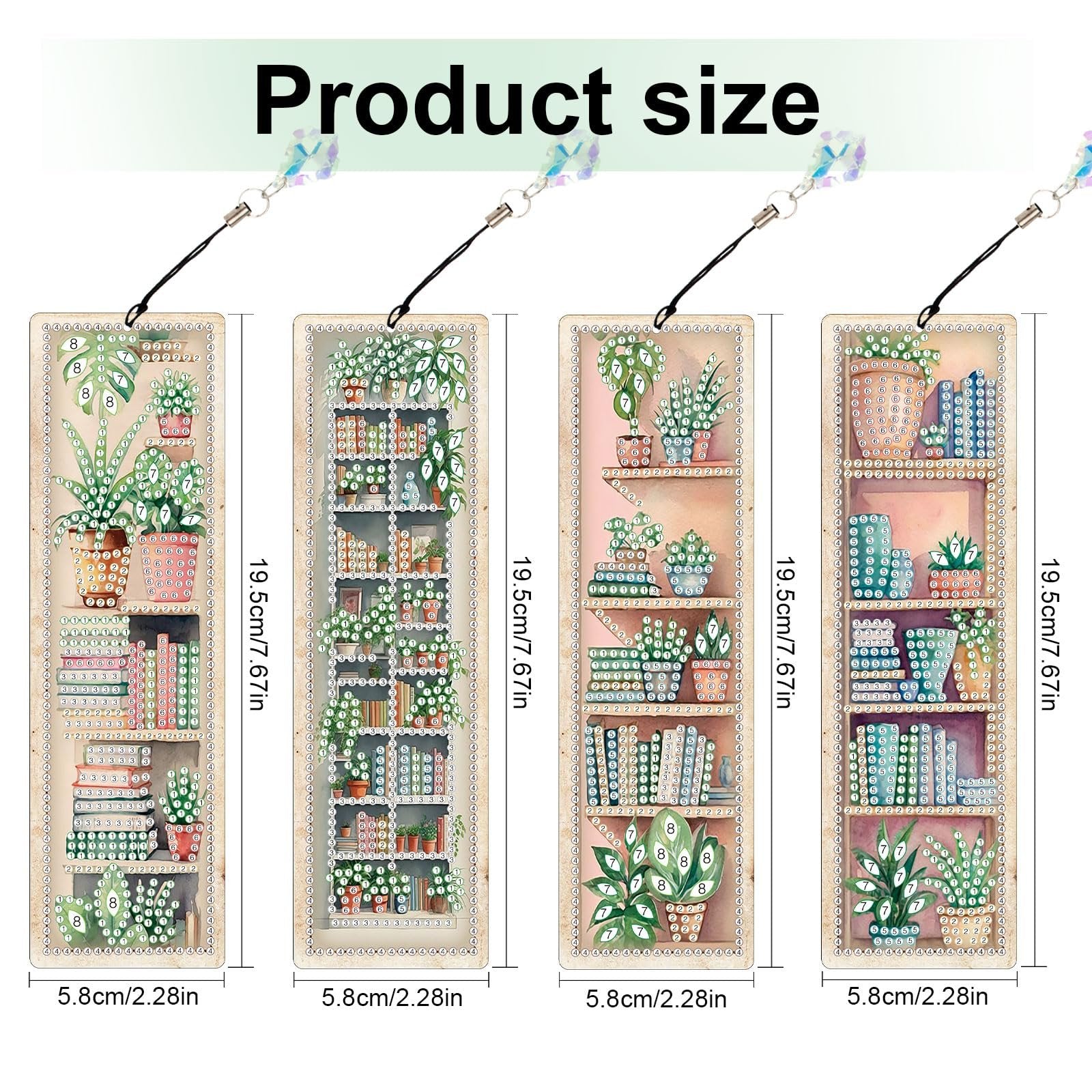 Four diamond painting bookmark kits featuring potted plants and bookshelves, with size dimensions indicated.