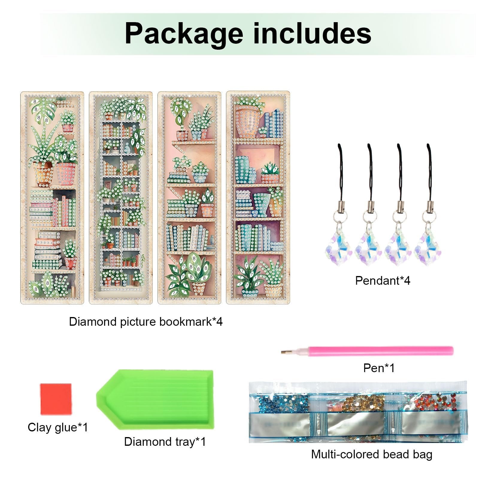 Diamond painting bookmark kit contents including bookmarks, pendants, pen, clay glue, diamond tray, and bead bags.