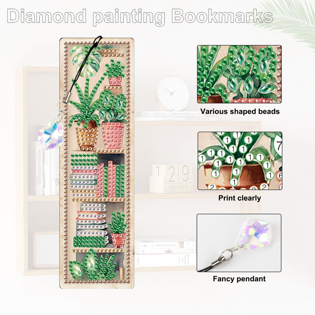 Diamond painting bookmark kit with plant and bookshelf designs, featuring various shaped beads and a fancy pendant.