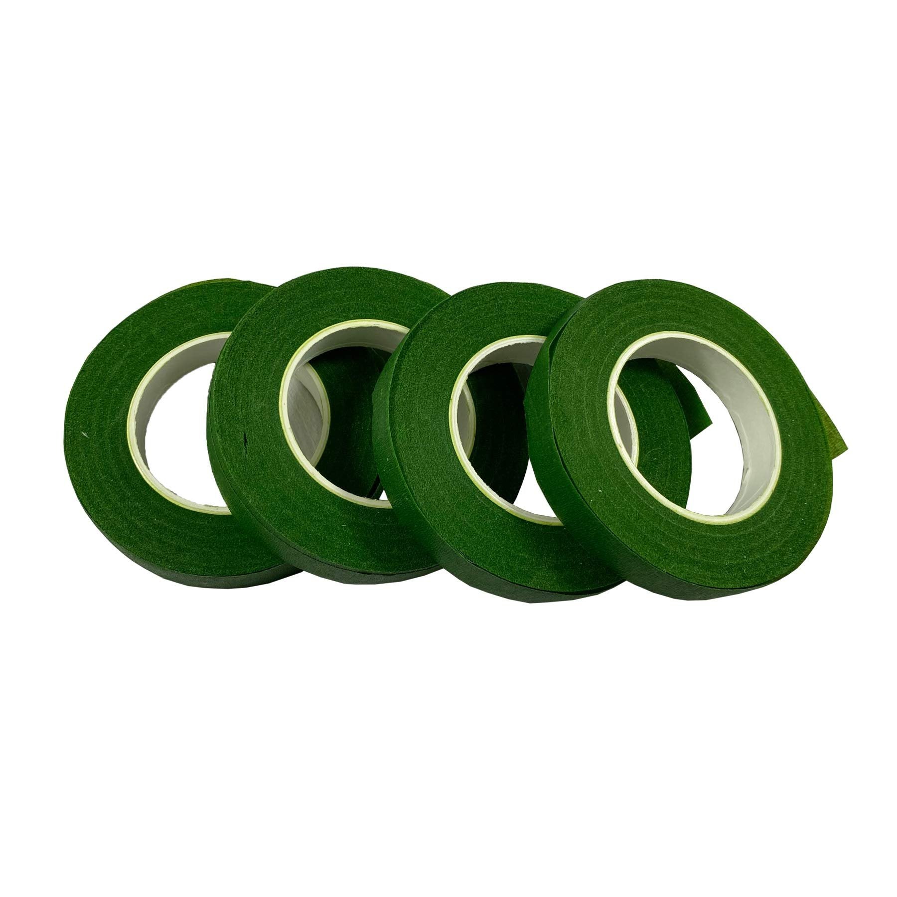 Four rolls of dark green floral tape arranged in a row against a white background.