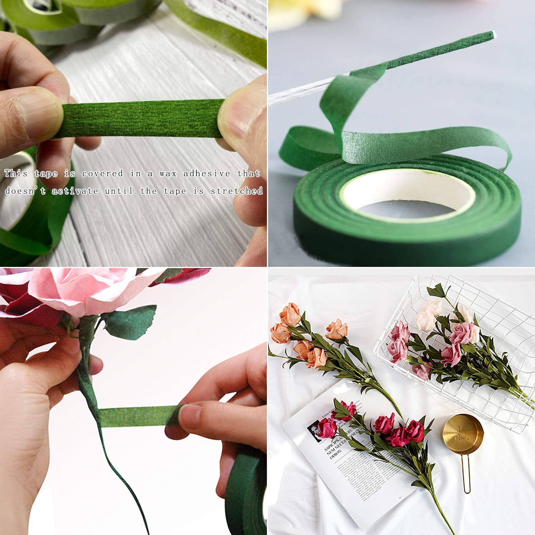 Four panels showing dark green floral tape being used to wrap stems of artificial flowers and a roll of tape.