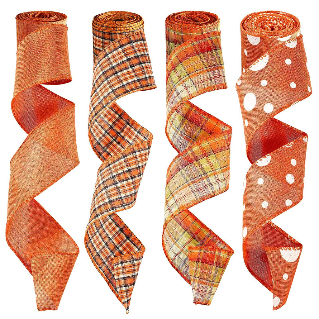Four rolls of fall-themed wired ribbon in orange hues, featuring solid burlap, plaid, and polka dot patterns.