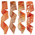 Four rolls of fall-themed wired ribbon in orange hues, featuring solid burlap, plaid, and polka dot patterns.