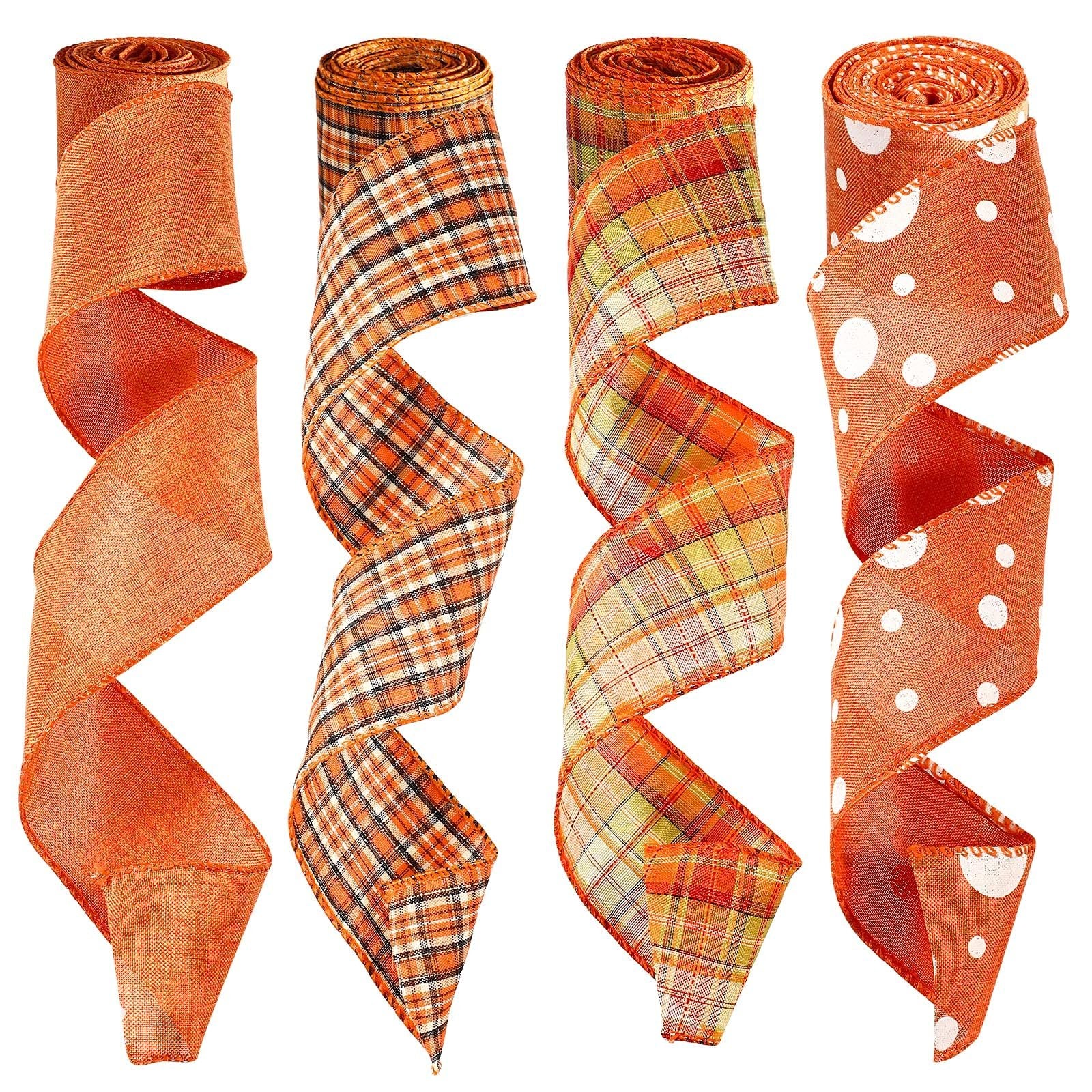 Four rolls of fall-themed wired ribbon in orange hues, featuring solid burlap, plaid, and polka dot patterns.