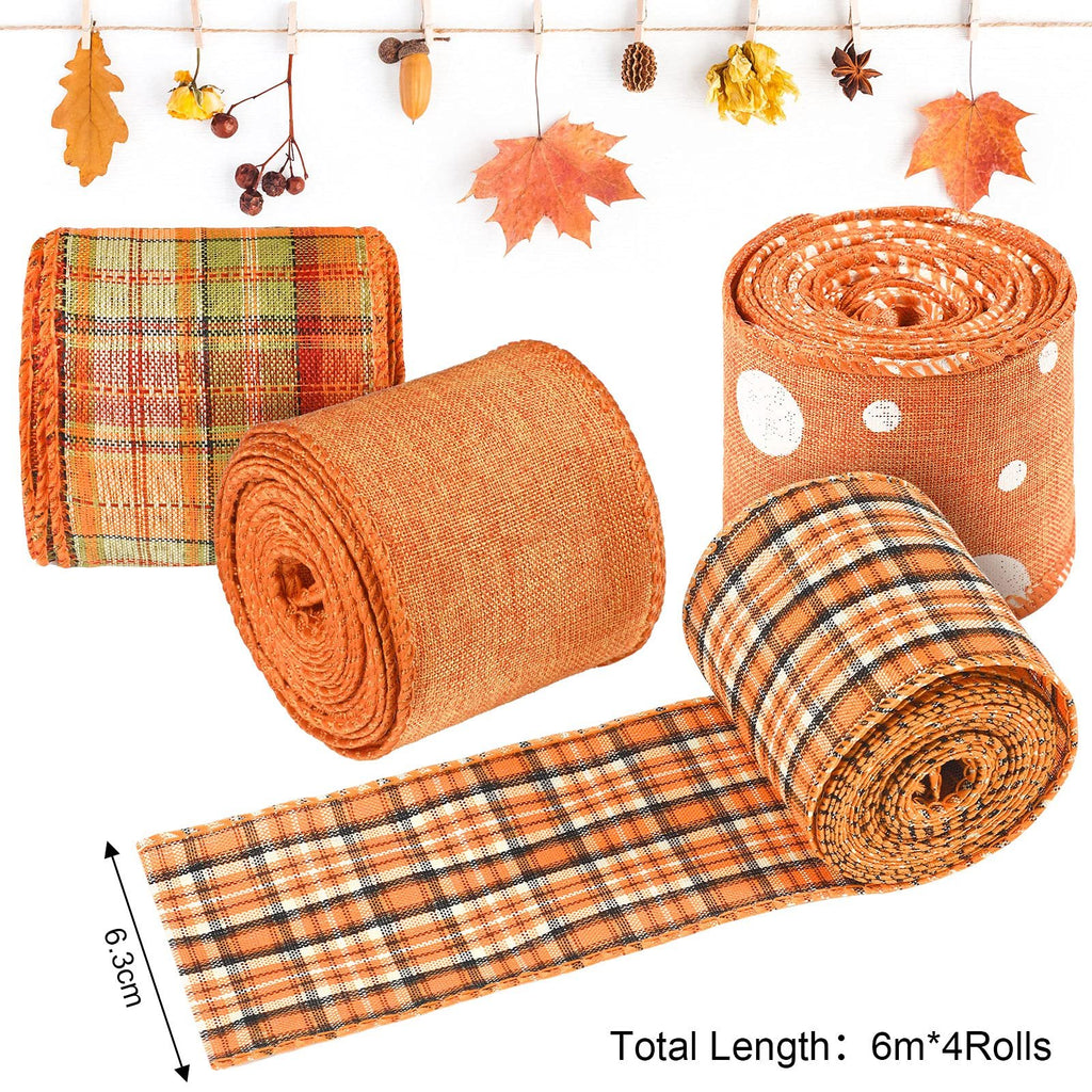Four rolls of fall-themed burlap ribbon with plaid and polka dot patterns, displayed against a white background with autumn decorations hanging above.