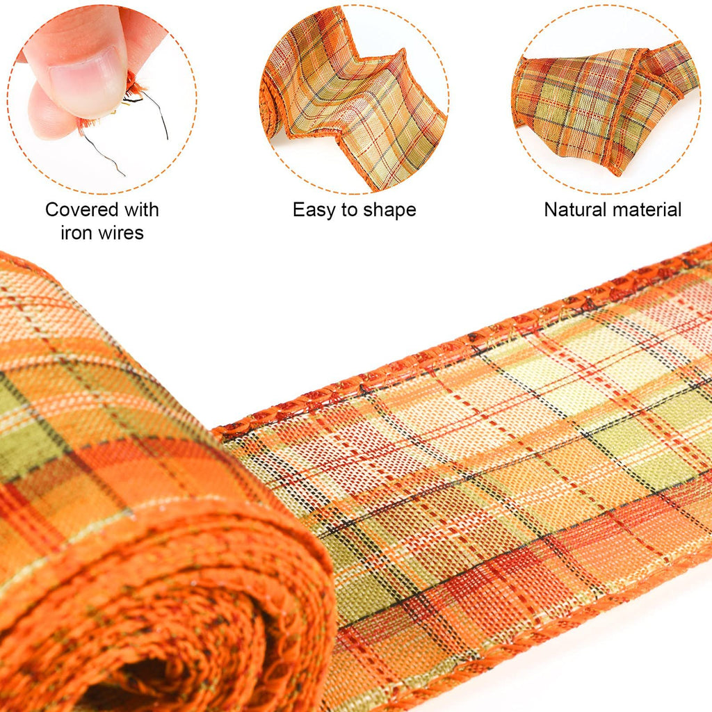 Roll of fall plaid burlap wired ribbon with orange, green, and red checkered pattern. Close-up shows texture and wired edges.