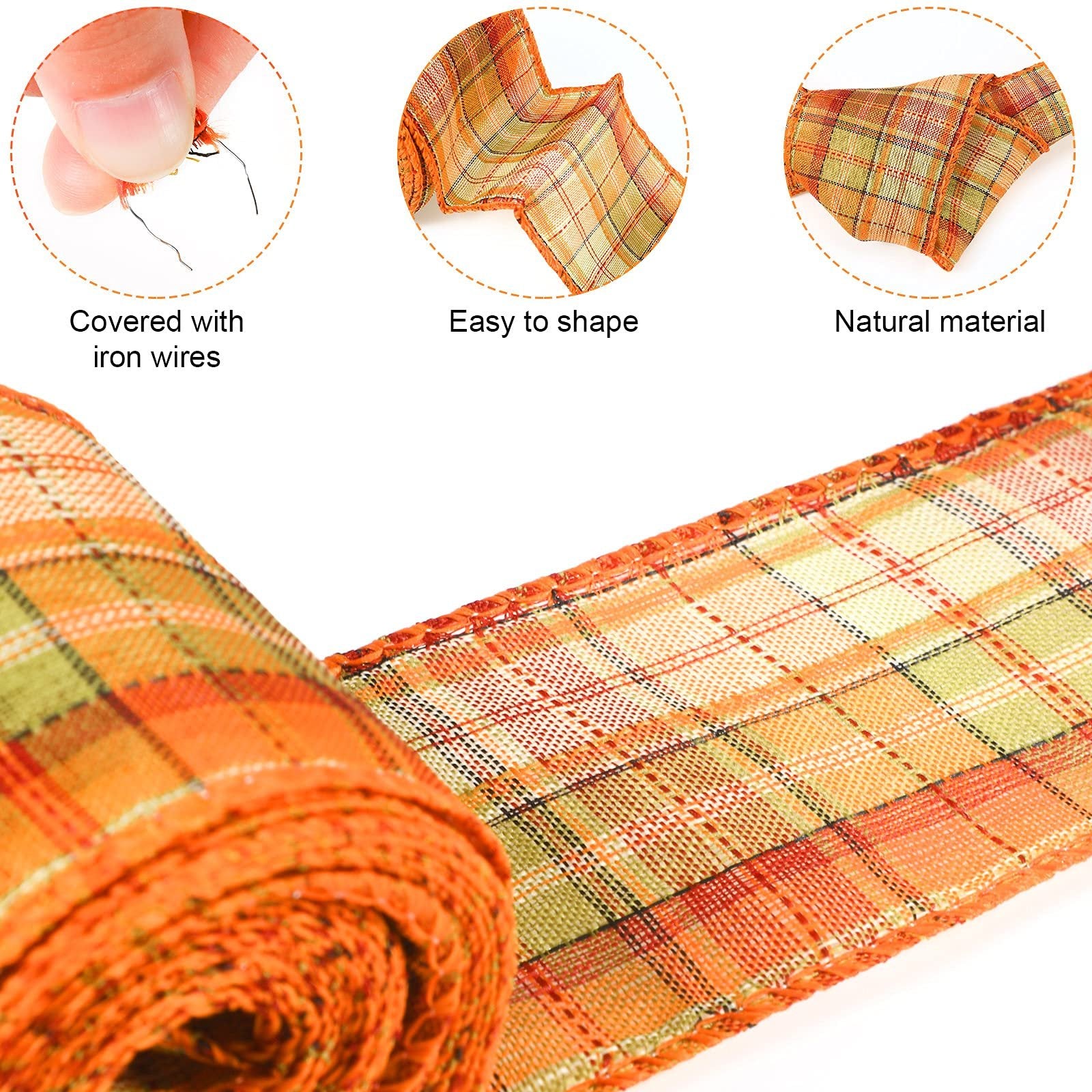 Roll of fall plaid burlap wired ribbon with orange, green, and red checkered pattern. Close-up shows texture and wired edges.