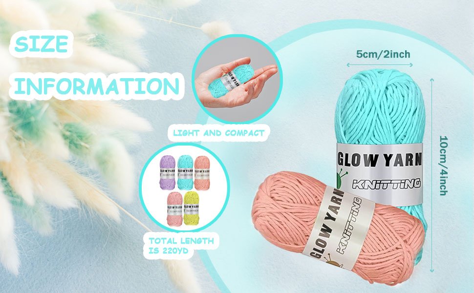 Four skeins of glow-in-the-dark yarn in various colors, with size information and dimensions displayed.