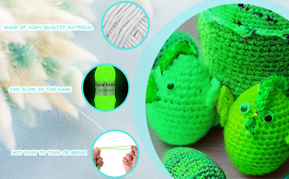 Crocheted green fish and yarn balls with text overlays about material and glow-in-the-dark properties.