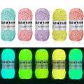 Five balls of glow-in-the-dark yarn in pastel colors and five balls in neon colors, all with knitting labels.