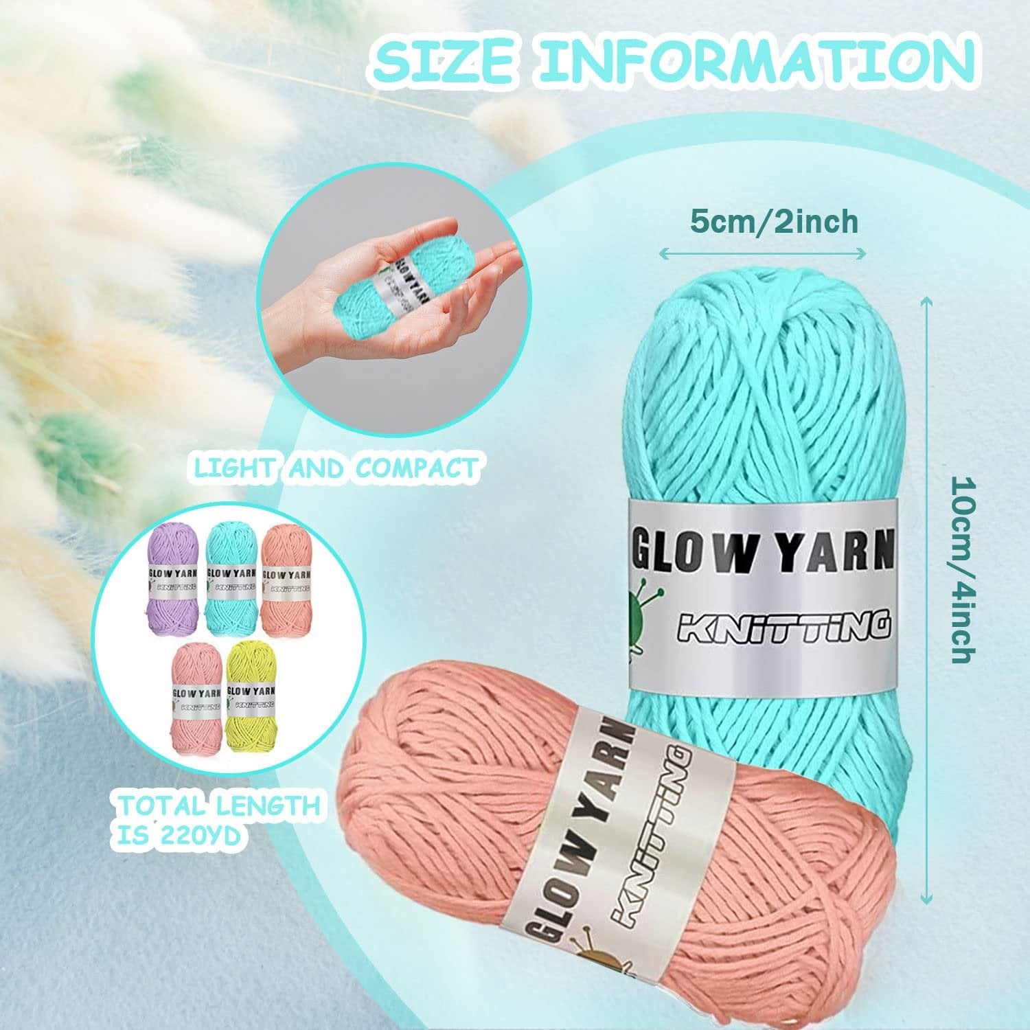 Four skeins of glow-in-the-dark yarn in various colors, with size information and dimensions shown.