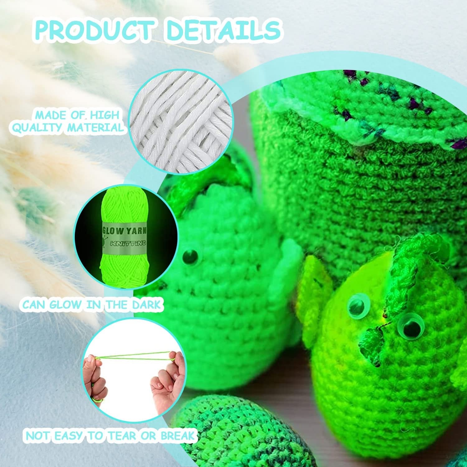 Crocheted green birds and yarn balls with product details callouts: glow yarn, quality material, and durability.