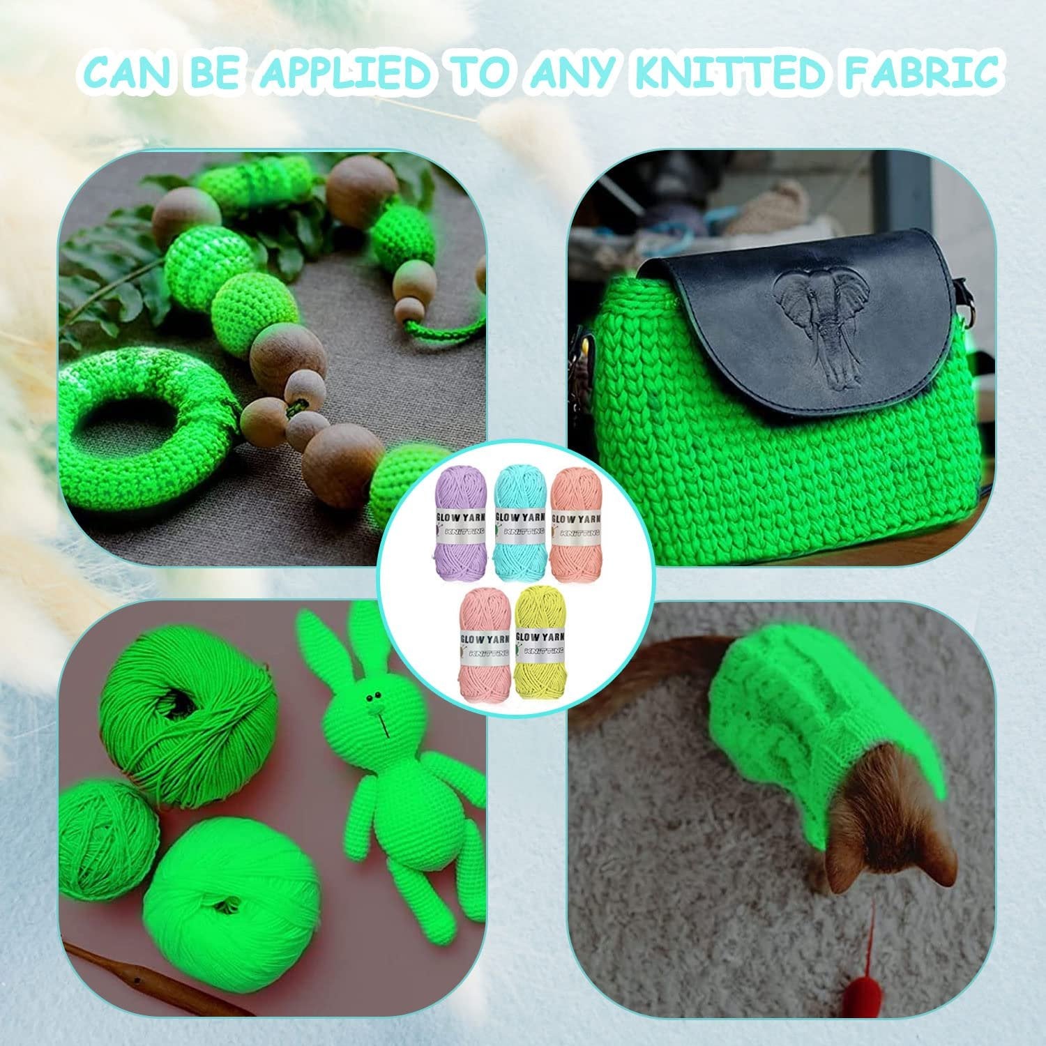 Collage of glow-in-the-dark yarn projects: knitted garland, green bag, yarn balls with toy bunny, and cat sweater.
