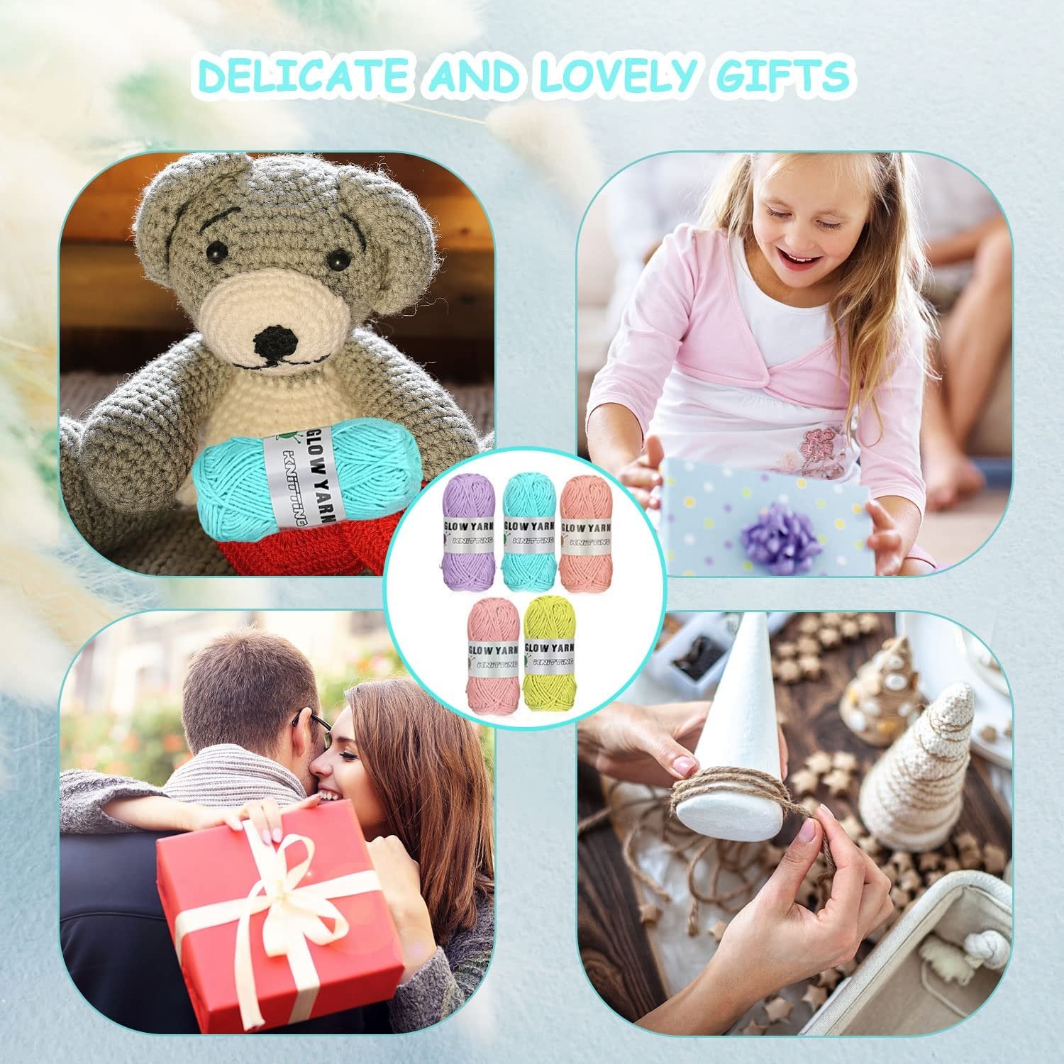 Collage of glow-in-the-dark yarn applications: crocheted teddy bear, child receiving a gift, couple with a gift, and crafting Christmas trees.