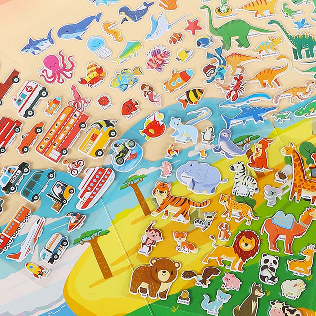 Assortment of puffy 3D stickers featuring animals, dinosaurs, vehicles, and ocean creatures on a light yellow background.
