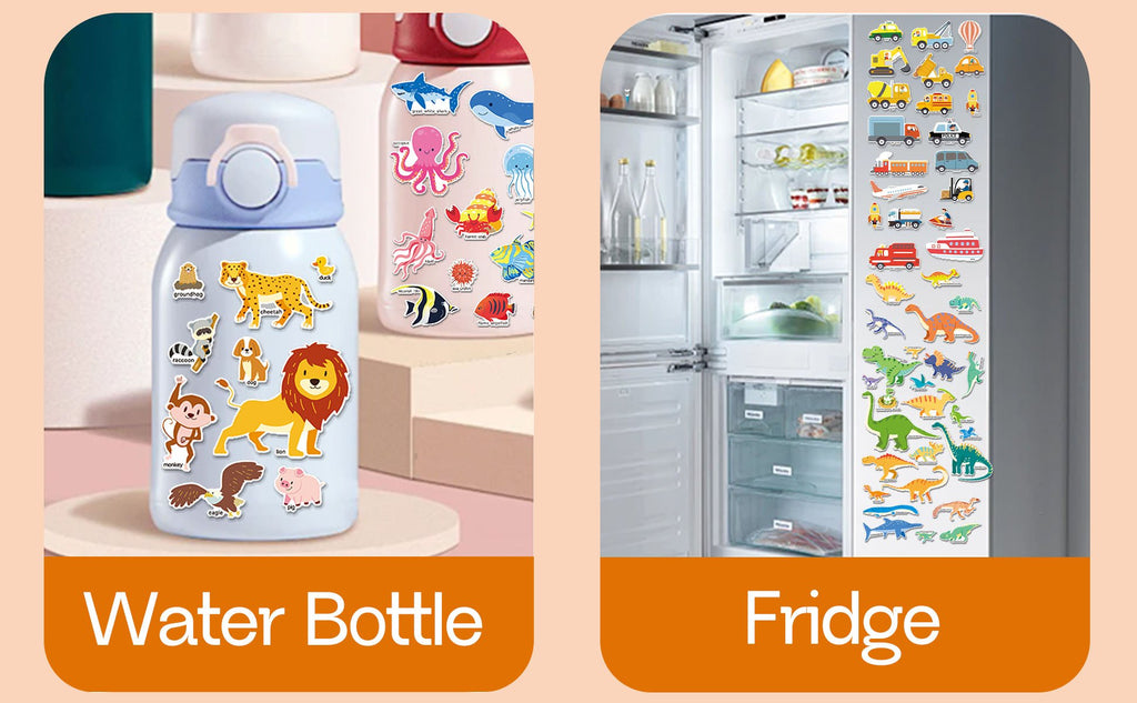 Puffy stickers of animals, vehicles, and dinosaurs applied to a water bottle and refrigerator.
