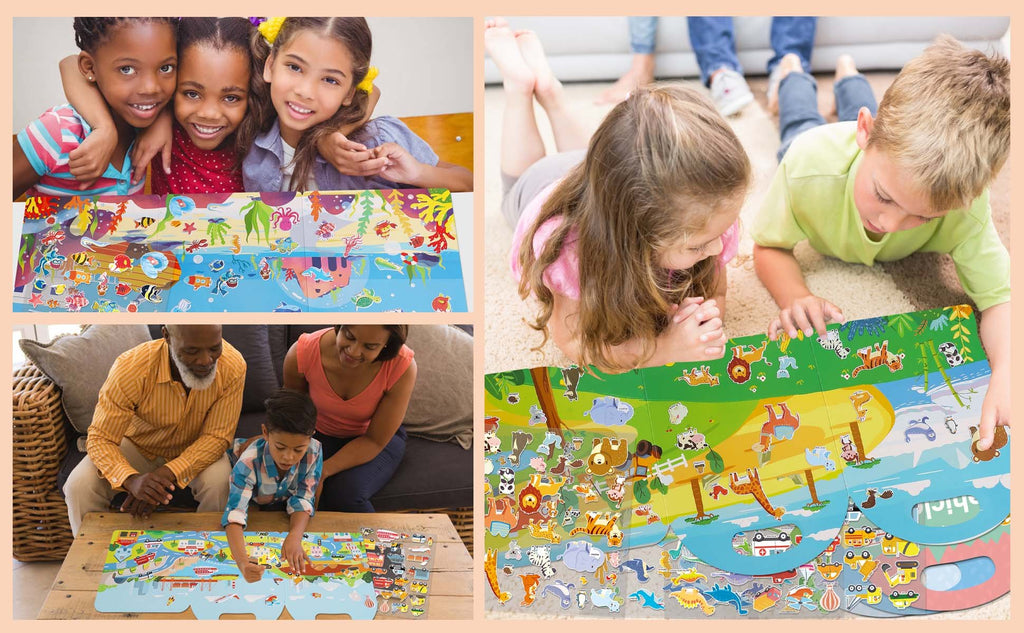 Collage of children and families interacting with puffy sticker books featuring ocean, vehicle, and animal themes.