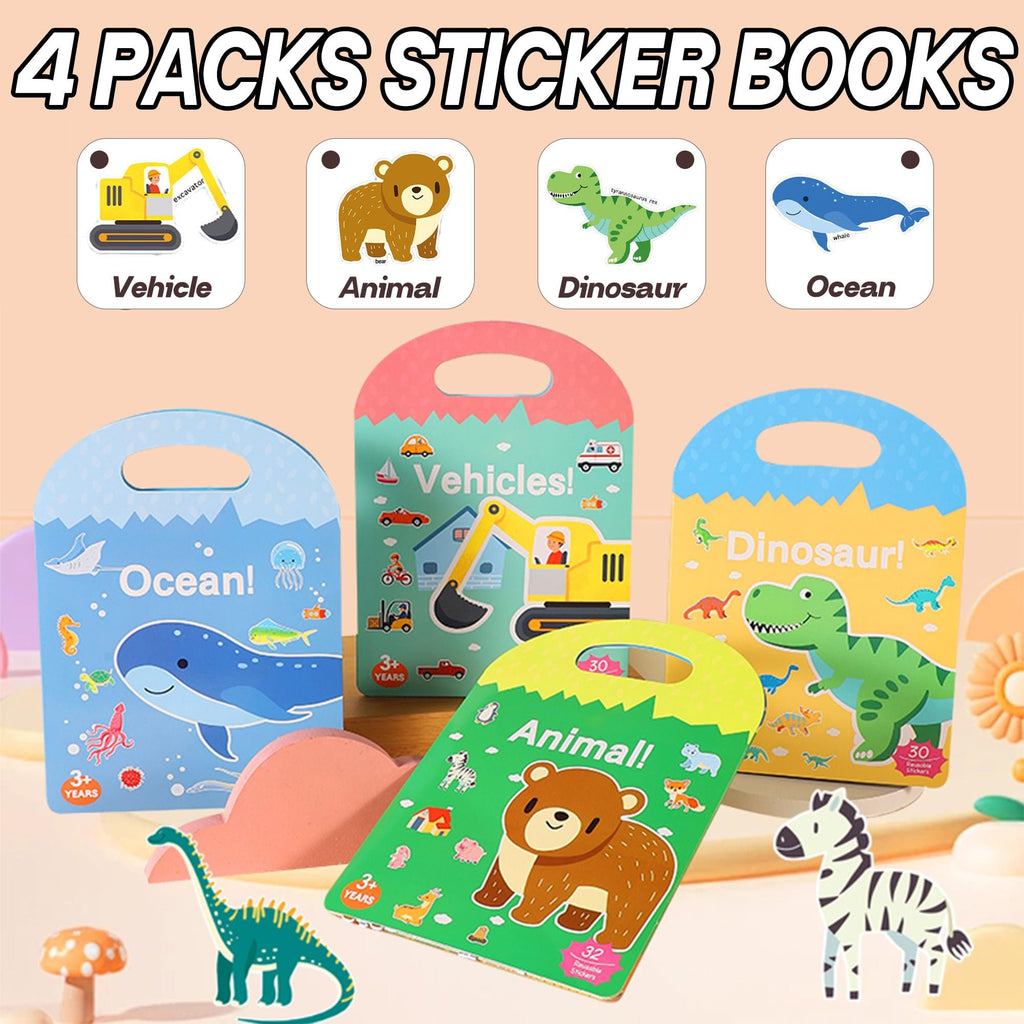Four toddler sticker books featuring vehicle, animal, dinosaur, and ocean themes with various sticker illustrations.