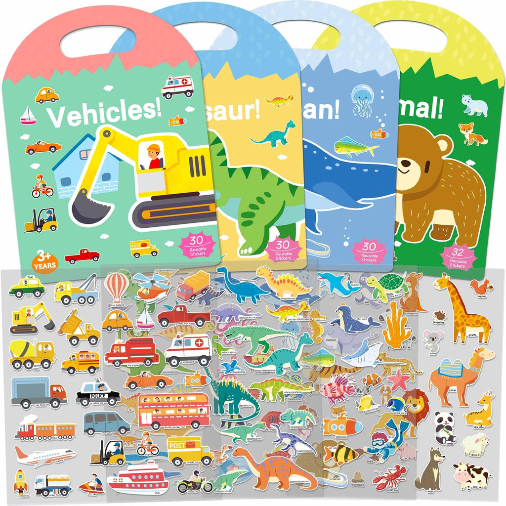 Four puffy sticker books for toddlers featuring vehicles, dinosaurs, ocean life, and animals, with sticker sheets below.