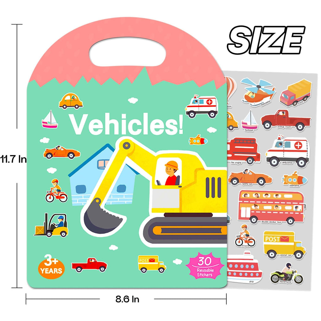 Toddler puffy sticker book featuring vehicles with various transportation illustrations and reusable stickers.