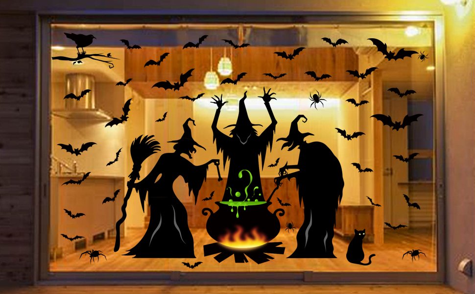 Halloween window clings featuring witches, bats, spiders, and a black cat around a cauldron.