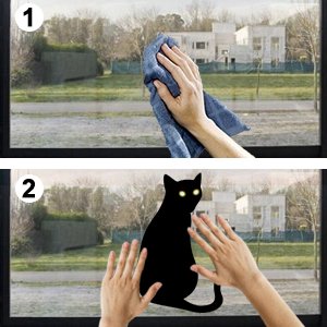 Two-panel image showing how to apply Halloween window clings: top panel shows cleaning a window with a cloth, bottom panel shows placing a black cat silhouette cling on the window.