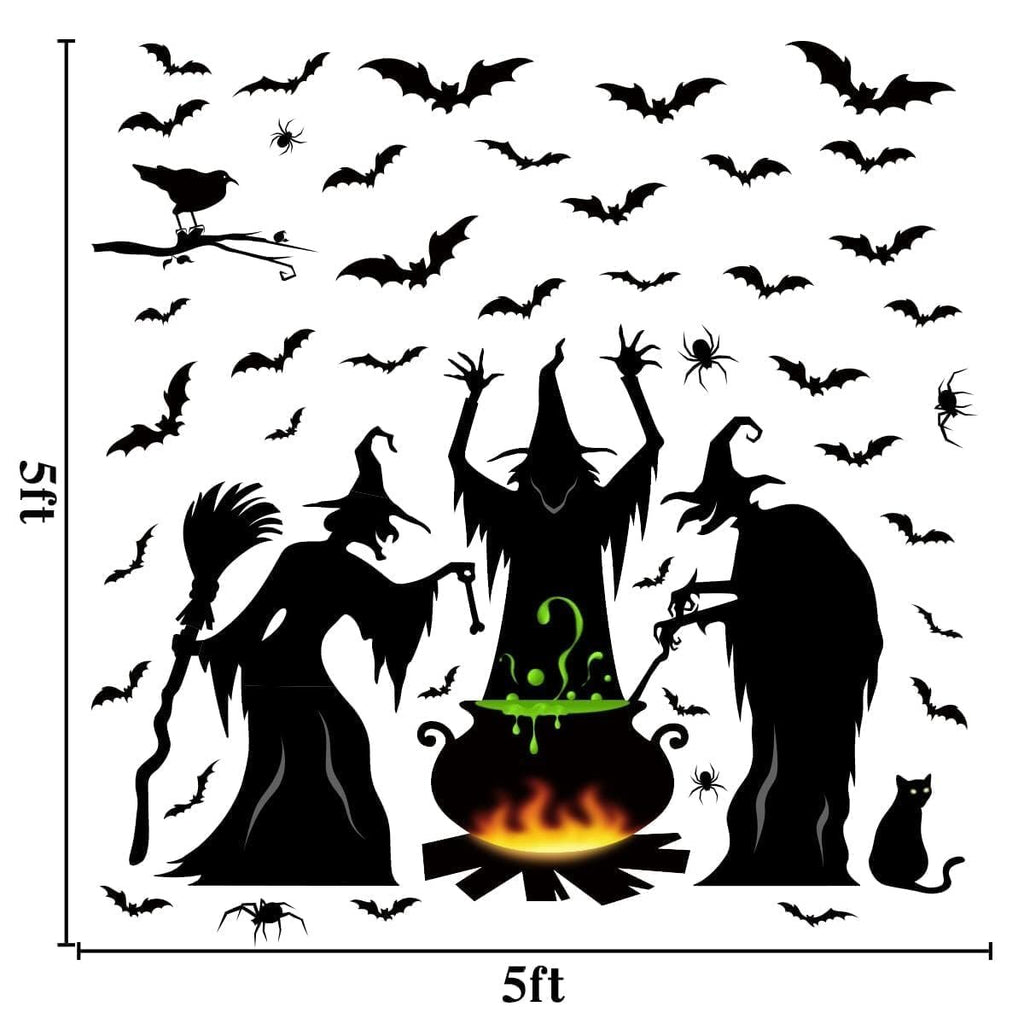 Halloween window clings featuring witches, bats, spiders, a cauldron, and a black cat silhouette.