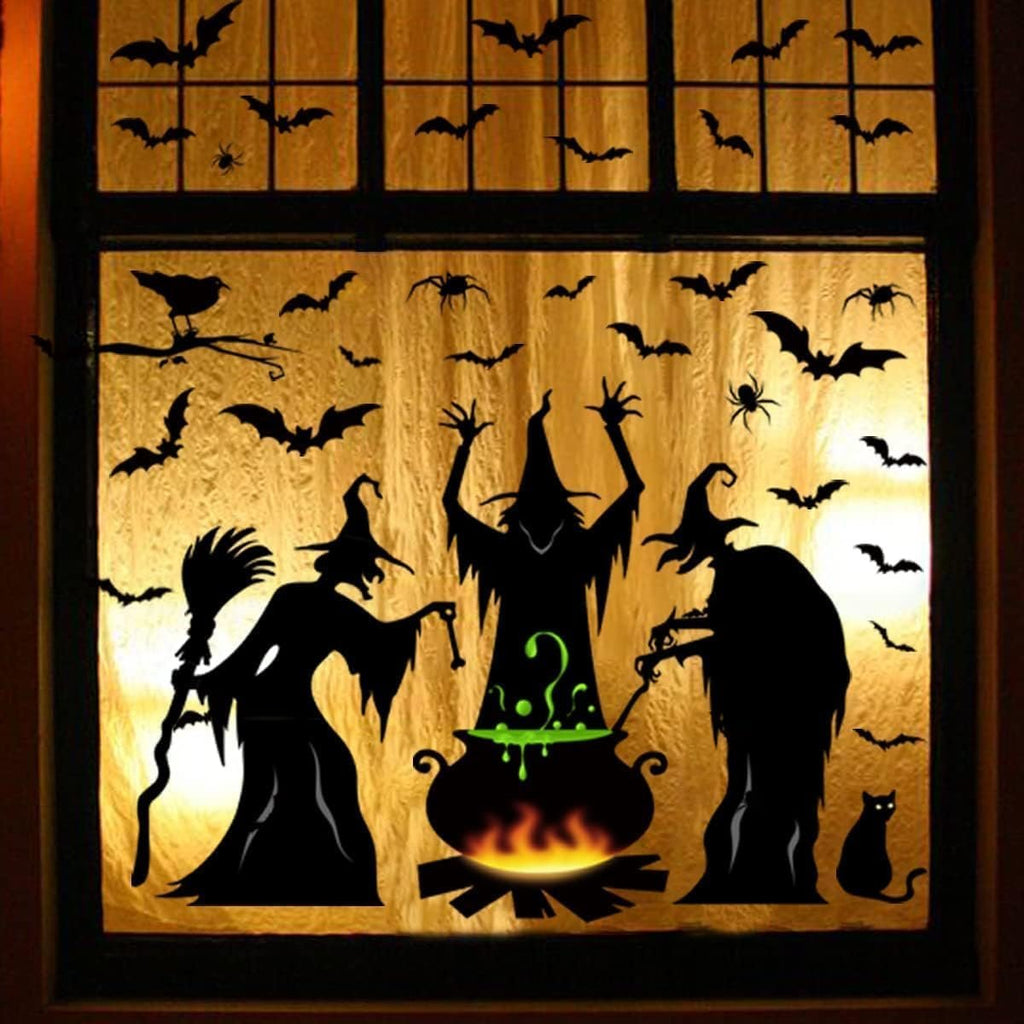 Halloween window clings featuring witches, bats, spiders, and a cauldron silhouette against a textured yellow background.