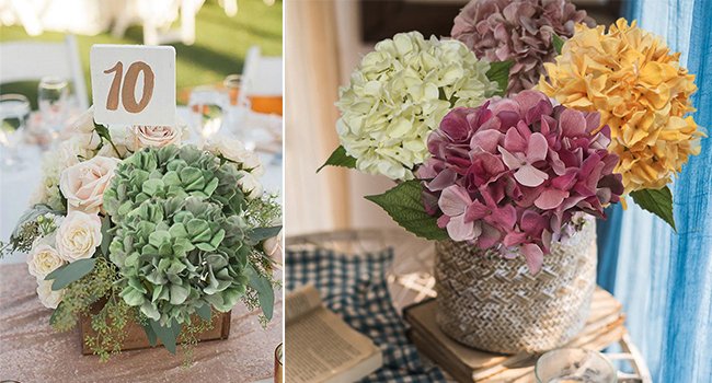 Two arrangements of artificial hydrangeas and roses, one with a table number '10' and the other in a woven vase.