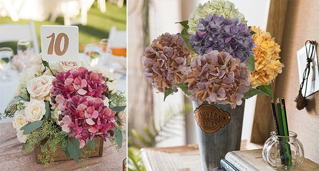 Two arrangements of artificial hydrangea flowers, one on a table with a number 10 card, the other in a vase with pencils and books.