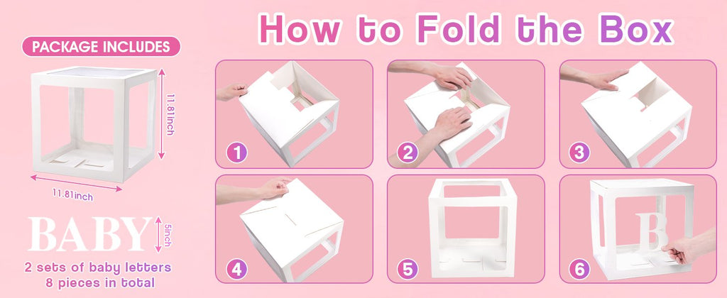 Four transparent white balloon boxes with dimensions shown, and a step-by-step folding guide with the word BABY and letter B.