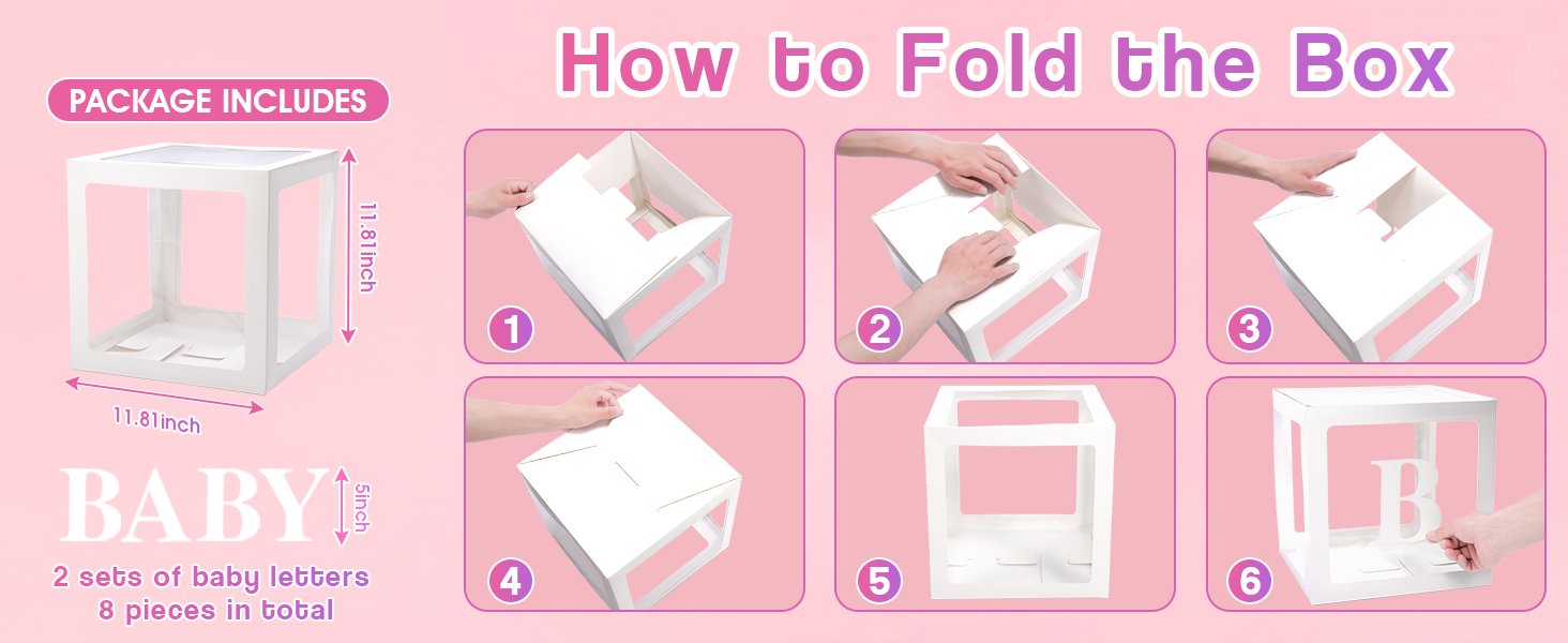 Four transparent white balloon boxes with dimensions shown, and a step-by-step folding guide with the word BABY and letter B.