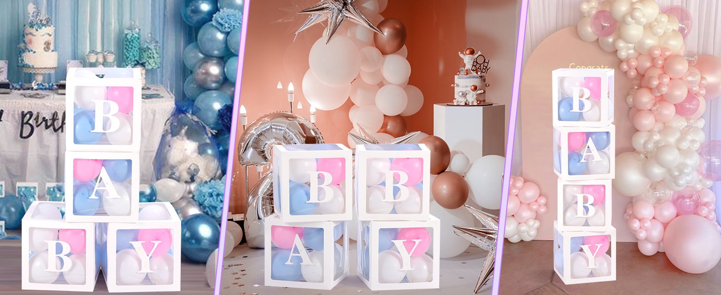 Four transparent balloon boxes spelling BABY, filled with pink, blue, and white balloons, arranged in party settings.