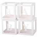 Four white transparent balloon boxes with cut-out letters spelling BABY, stacked and angled on a white background.