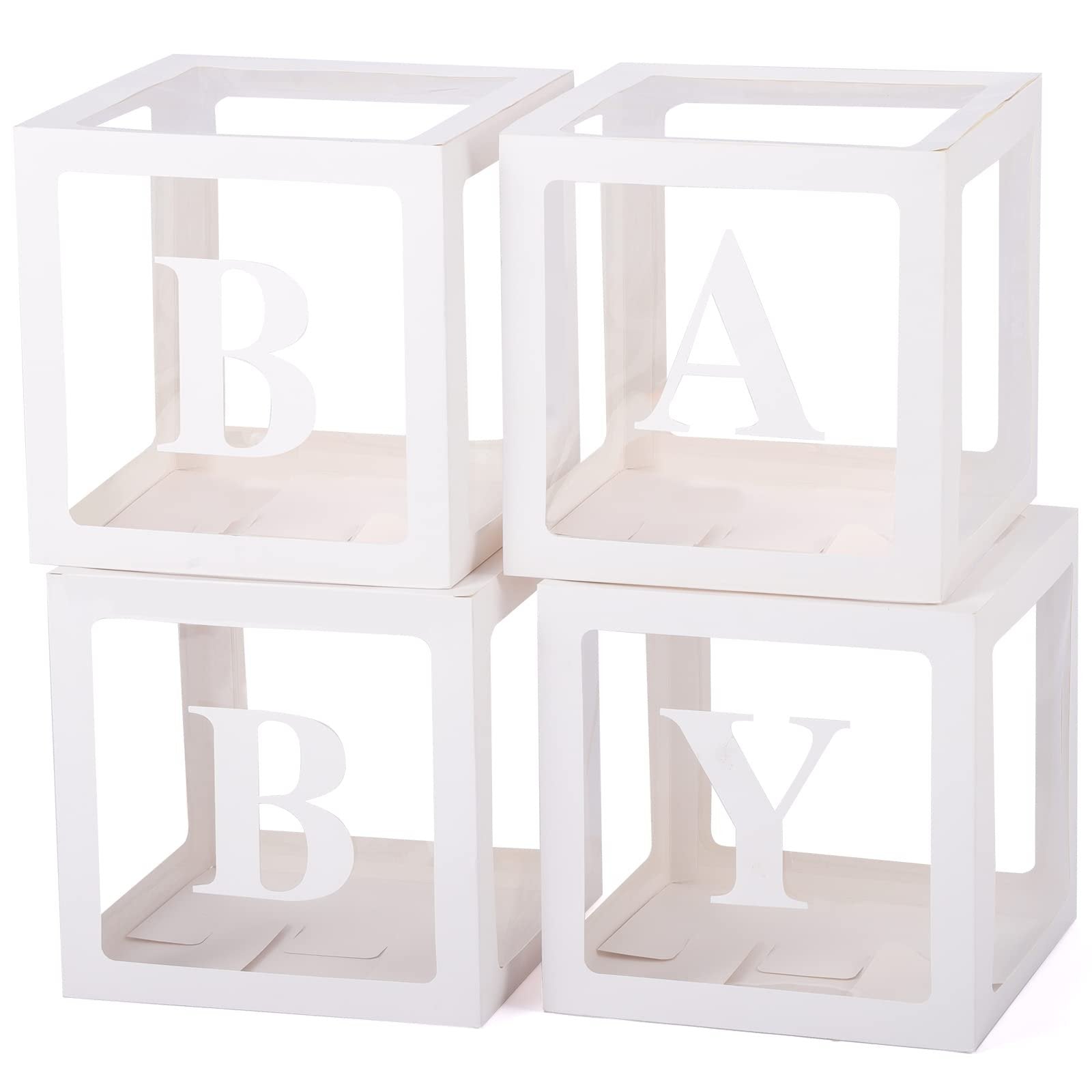 Four white transparent balloon boxes with cut-out letters spelling BABY, stacked and angled on a white background.