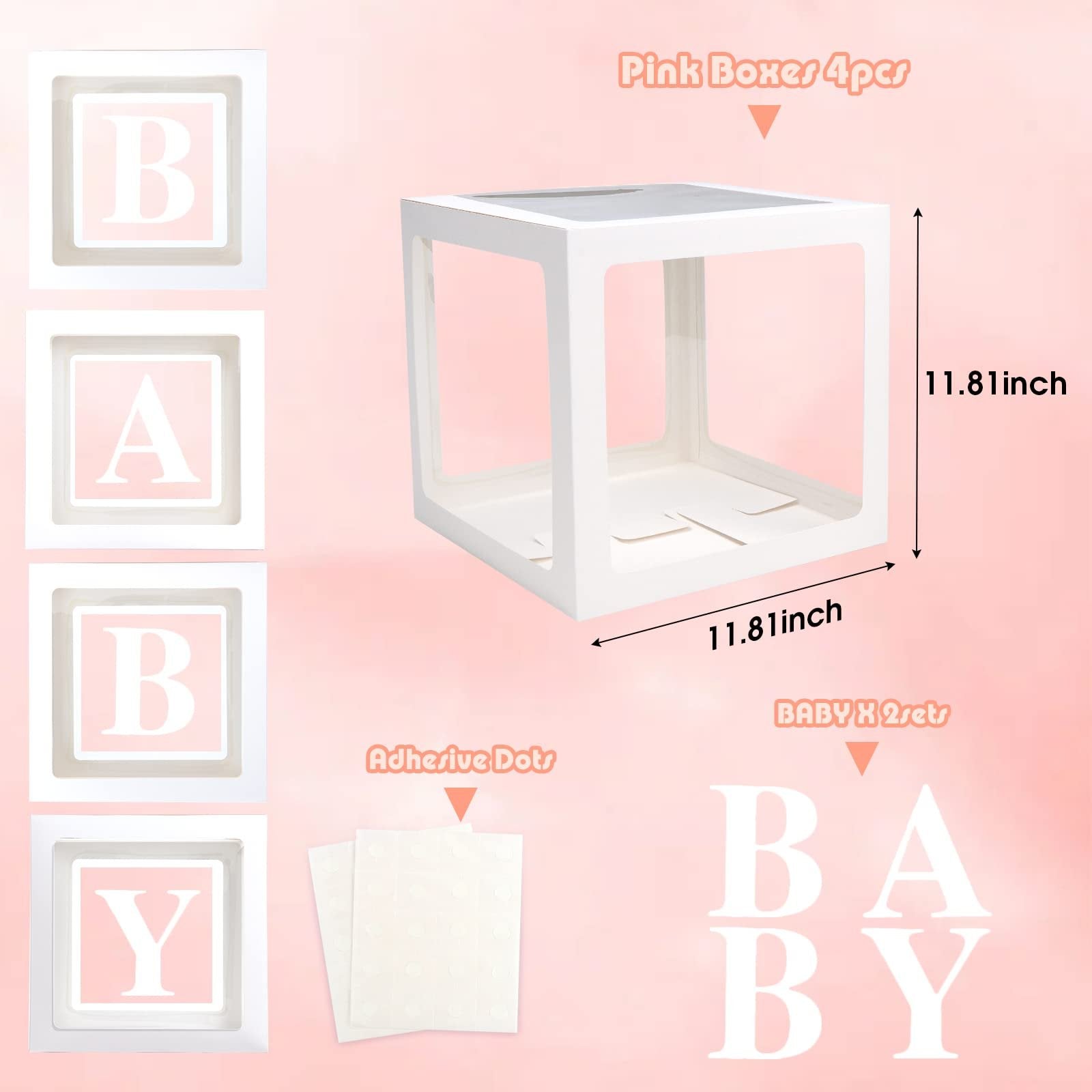 Four white transparent balloon boxes with pink inserts showing letters B, A, B, Y, and a single box with dimensions labeled.