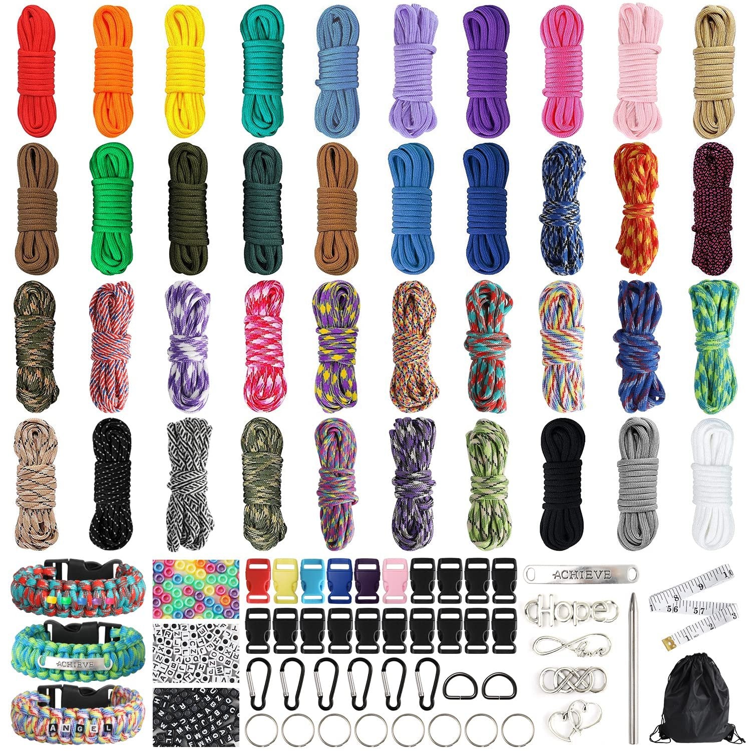 Paracord bracelet making kit with 40 colors of paracord, buckles, carabiners, beads, tools, and measuring tape.
