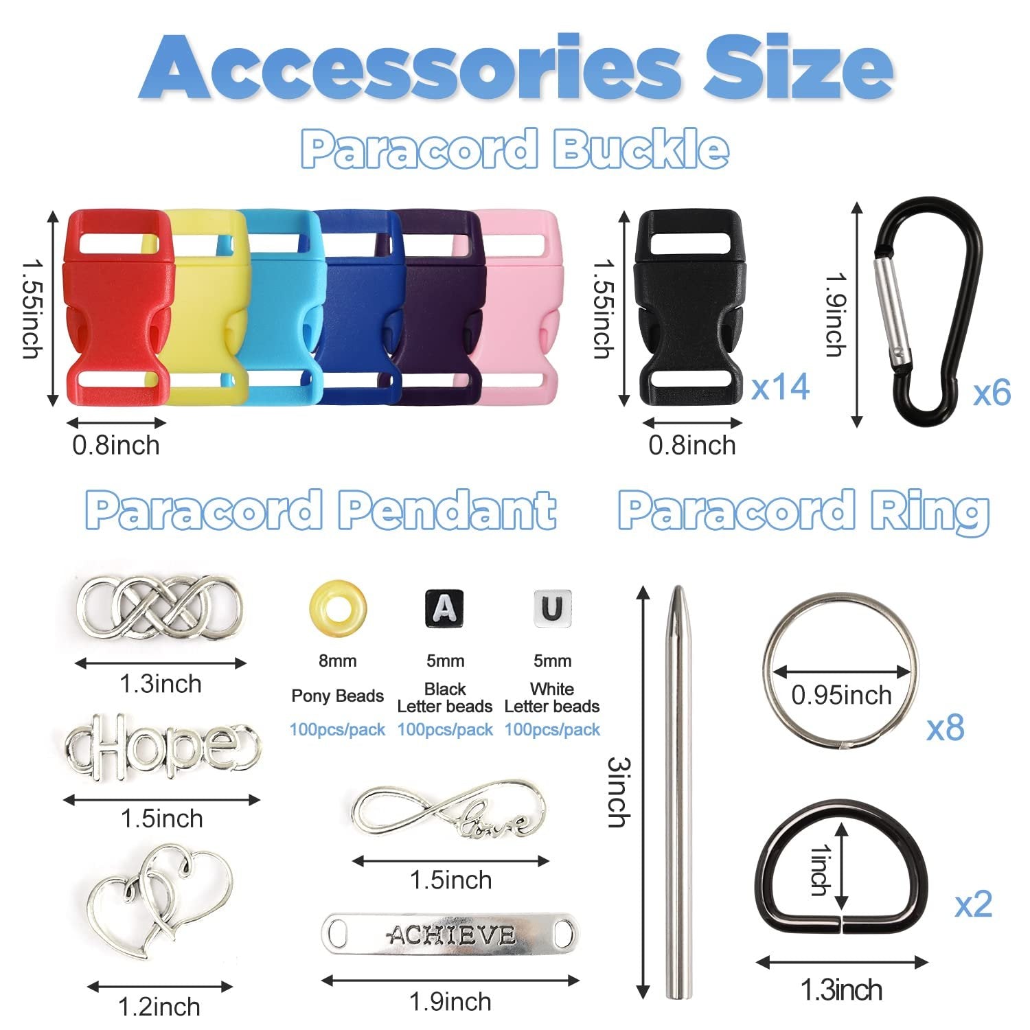 Paracord accessory kit components with size dimensions including buckles, pendants, rings, beads, and tools.
