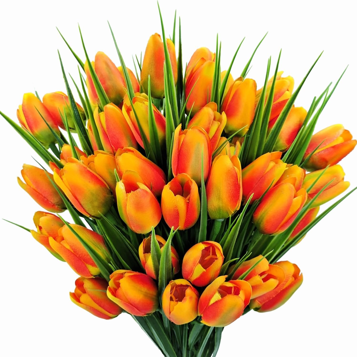 Bundle of 40 orange artificial tulips with green stems and leaves, presented against a white background.