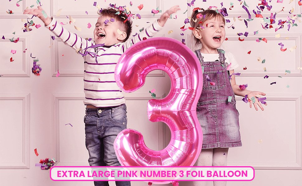 Two children celebrating with a large pink number 3 foil balloon and confetti falling around them.